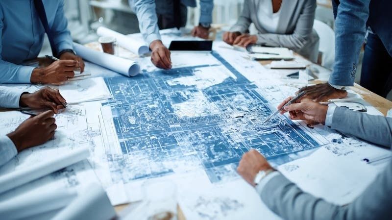 Équipe réunie autour de plans architecturaux pour une revue de projet