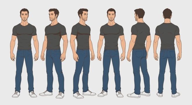 Planche modèle d’un homme vue sous six angles, de face à dos